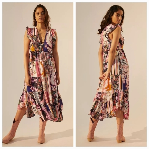 By Anthropologie Ruffled Patchwork Midi Dress size 0 NWT - Picture 1 of 10